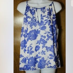 Veronica M white blue floral sleeveless blouse